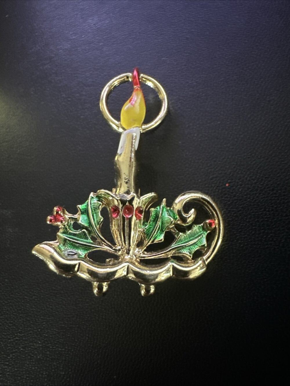 Vintage Brooch gold tone pin 1.2" Christmas enamel candlestick signed BJ